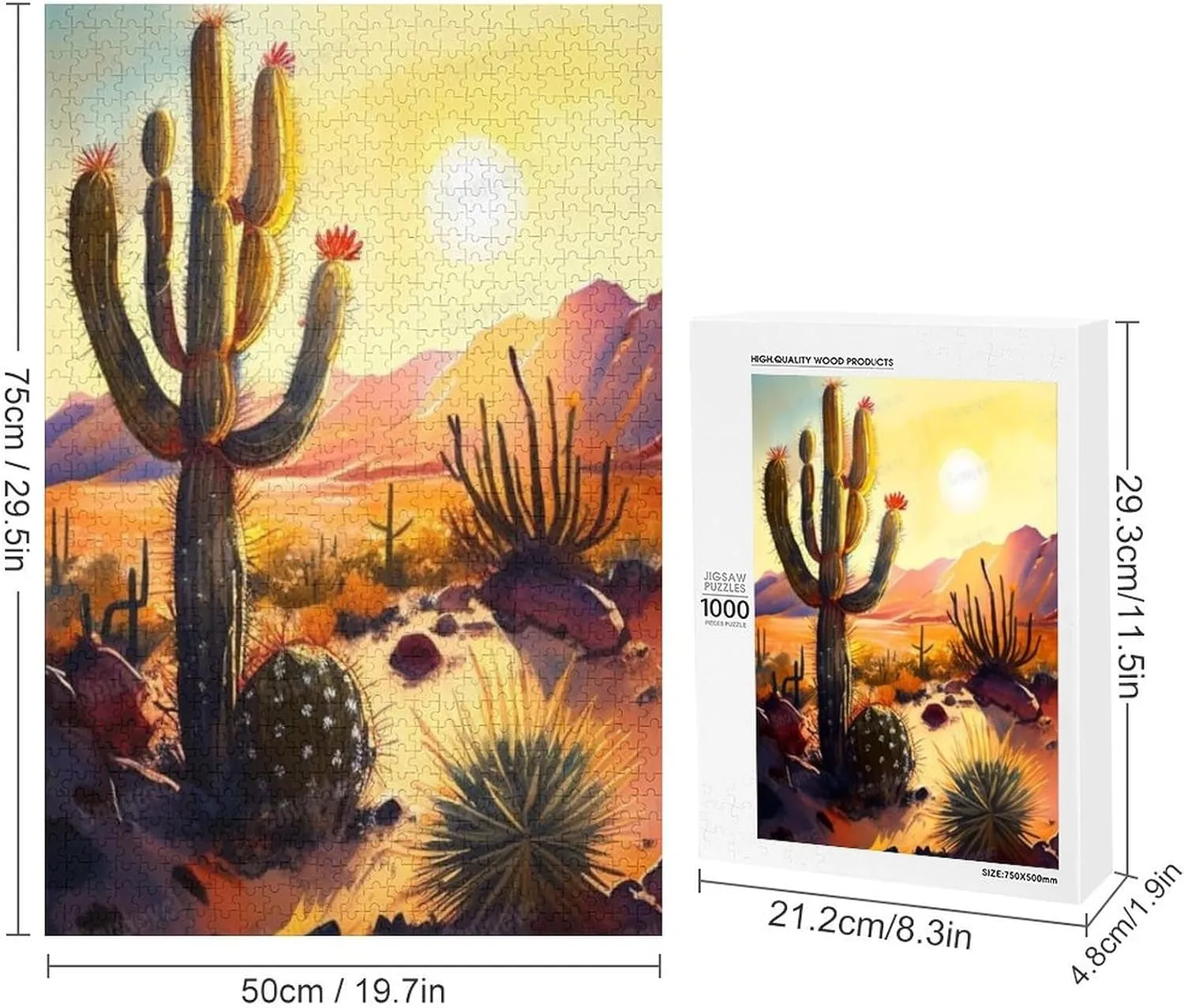 Desert Sunset Cactus Premium 1000 Pieces Jigsaw Puzzle for Adults - Best Challenging Puzzles for Cognitive Workout - Safe Eco-Friendly - Most Popular Leisure Activities