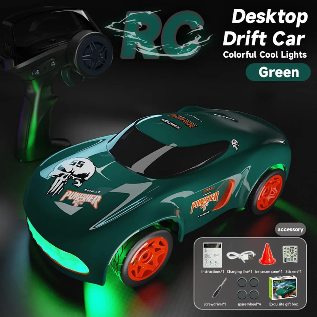 Desktop Mini RC Drift Car, 4WD High Speed 1/64 Scale Remote Control Car with Colors LED Lights, Mini Sport Race Cars for Adult - Green