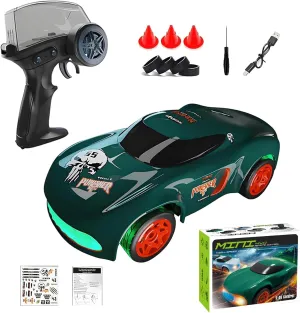 Desktop Mini RC Drift Car, 4WD High Speed 1/64 Scale Remote Control Car with Colors LED Lights, Mini Sport Race Cars for Adult - Green