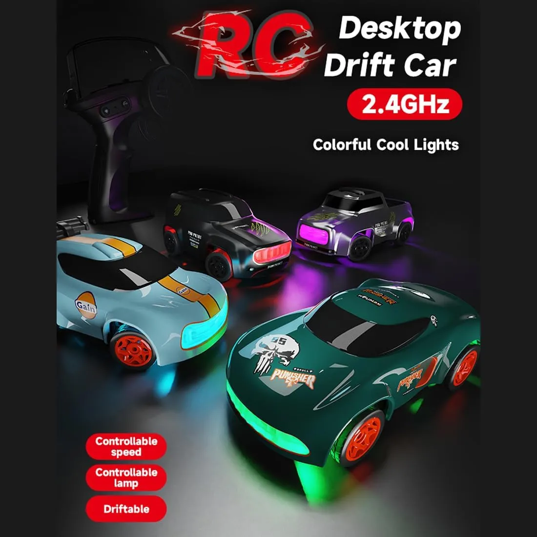 Desktop Mini RC Drift Car, 4WD High Speed 1/64 Scale Remote Control Car with Colors LED Lights, Mini Sport Race Cars for Adult - Green