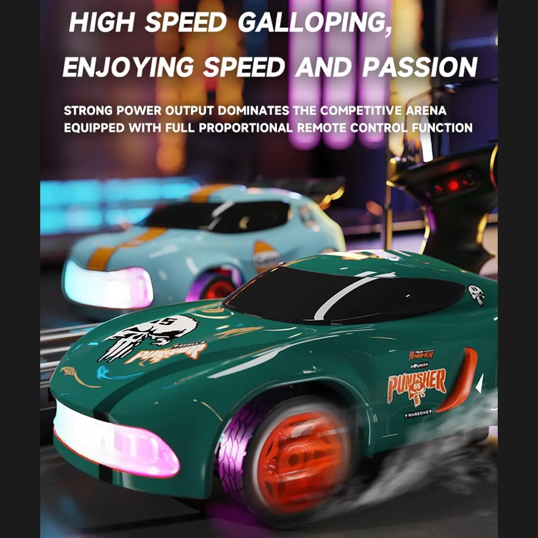 Desktop Mini RC Drift Car, 4WD High Speed 1/64 Scale Remote Control Car with Colors LED Lights, Mini Sport Race Cars for Adult - Green