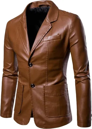 DGHM-JLMY Men's Suit Collar Fashion Pu Leather Jacket Casual 2 Button Slim Faux Leather Blazer Business Leather Sport Coat