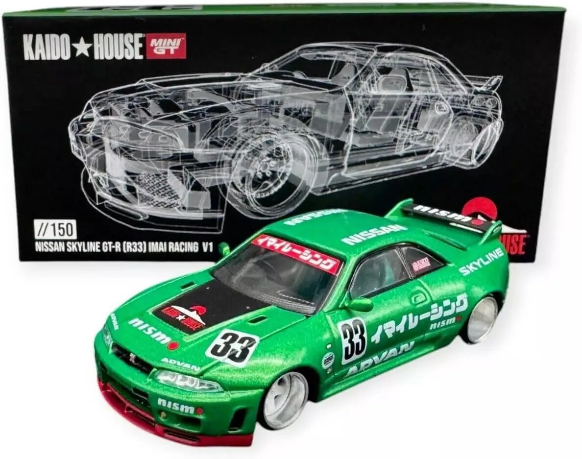 Diecast Model Car Compatible for Kaido House x Mini GT 1:64 Nissan Skyline GT-R (R33) Imai Racing V1 Green Limited Edition Die-cast KHMG150