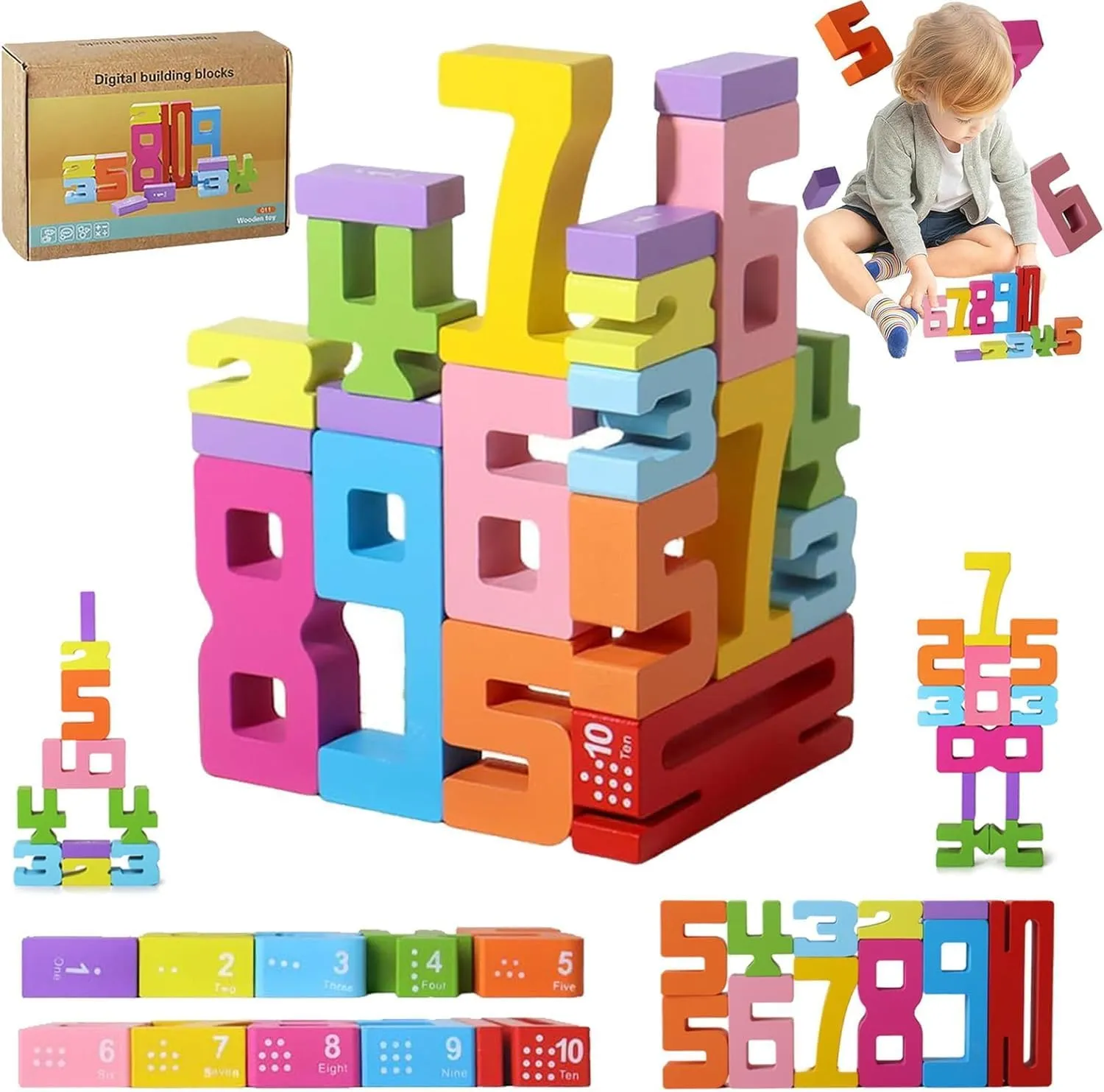 Digital Building Blocks 20Pack,Wooden Montessori Number Blocks Math Learning Toys for Kids