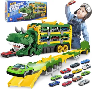 Dinosaur Toys for Kids 3-12, Transform Dinosaur Truck with 61.8 inch Dual Track & 12 Racing Cars, Transport Truck Toy, Birthday Gifts for Toddlers