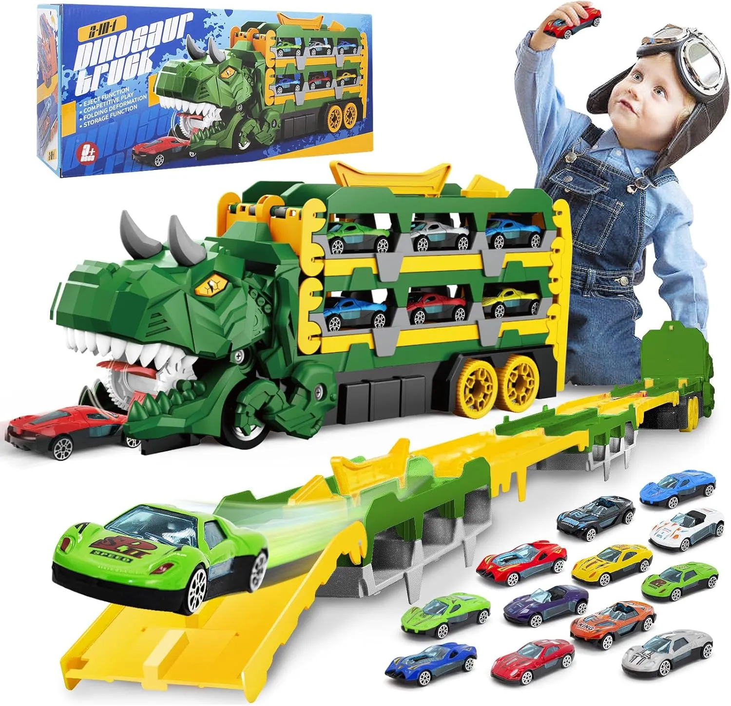 Dinosaur Toys for Kids 3-12, Transform Dinosaur Truck with 61.8 inch Dual Track & 12 Racing Cars, Transport Truck Toy, Birthday Gifts for Toddlers