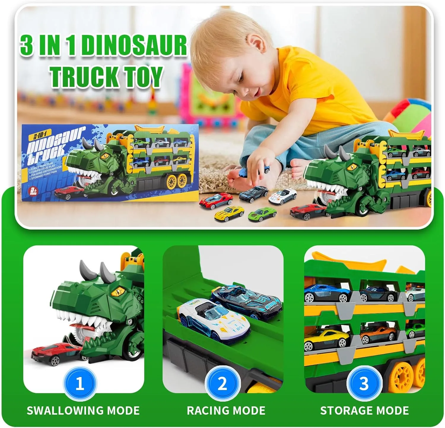 Dinosaur Toys for Kids 3-12, Transform Dinosaur Truck with 61.8 inch Dual Track & 12 Racing Cars, Transport Truck Toy, Birthday Gifts for Toddlers