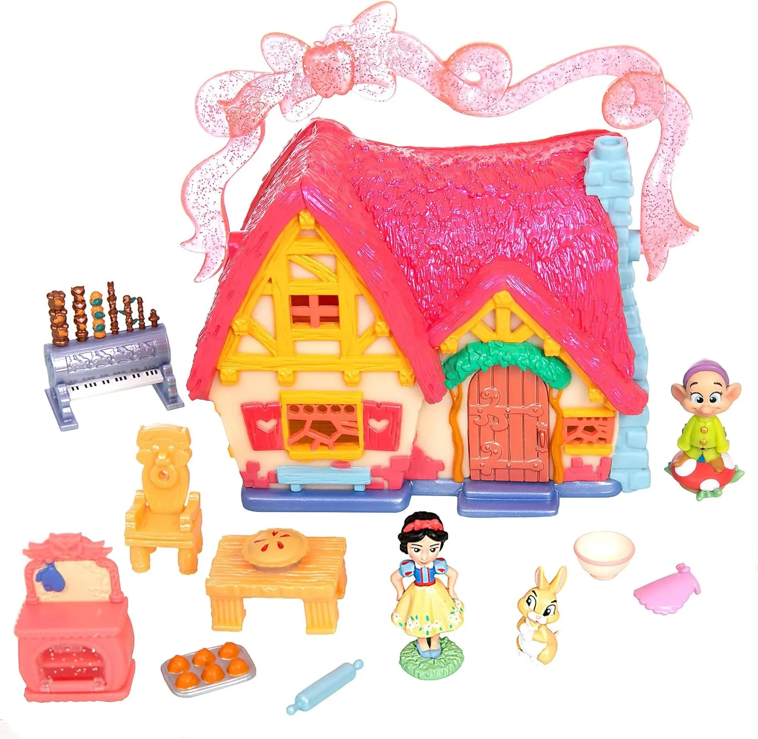 DISNEY STORE Official Snow White Cottage Micro Play Set, Micro Toy Set Includes Snow White and Dopey Micro Figures, Travel Toy Portable Playset with Handle, Travel Toys with Surprise Reveals