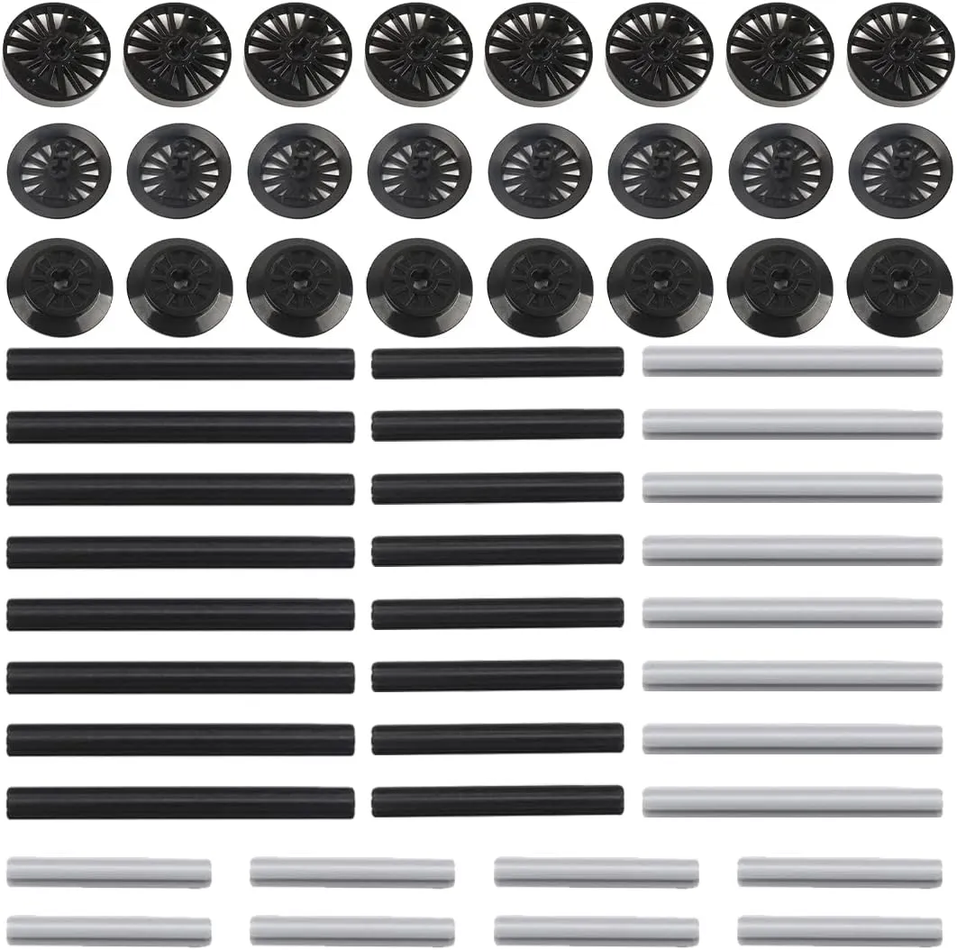 DIY Train Building Blocks Set, Premium Black Wheel & Cross Axle Refit Kit, Tight-Fit ABS Construction, Compatible with Major Brands for Model Train Enthusiasts & Adults (56 PCS)