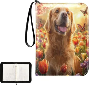 Dog Colorful Butterfly Flowers Card Binder 4 Pocket, Trading Card Holder Fits 400 Game Cards with 50 Removable Sleeves, MTG Card Case Standard Size