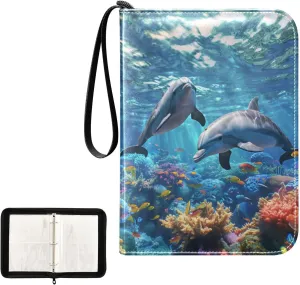 Dolphin Fish Ocean Plants Card Binder 4 Pocket, Trading Card Holder Fits 400 Game Cards with 50 Removable Sleeves, MTG Card Case Standard Size