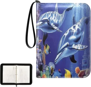 Dolphins Sea Fish Coral Castle Card Binder 4 Pocket, Trading Card Holder Fits 400 Game Cards with 50 Removable Sleeves, MTG Card Case Standard Size