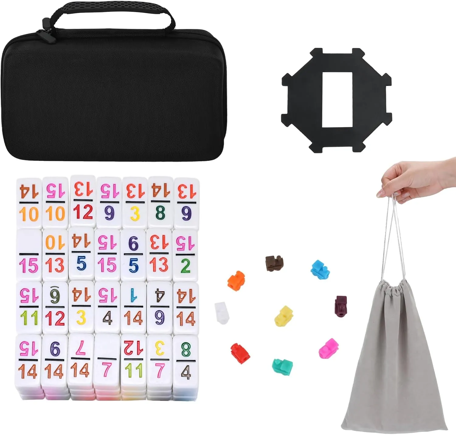 Double 15 Mexican Train Dominoes Set 136 Colored Number Tiles Family Board Games Set Dominos Travel Set with Portable Anti-Collision Case