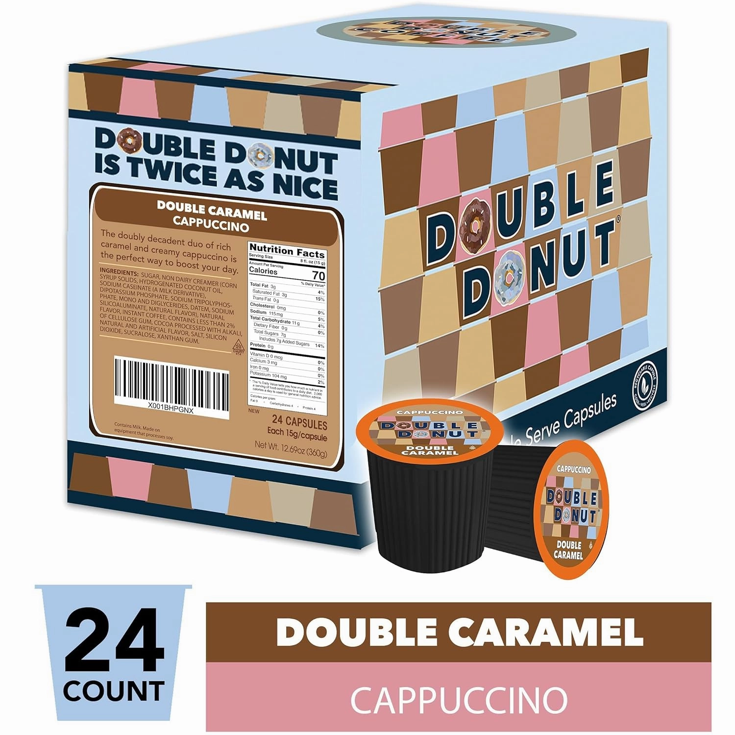 Double Donut Cappuccino Pods, Caramel Cappuccino, Single Serve for Keurig K Cups Brewers, 24 Count
