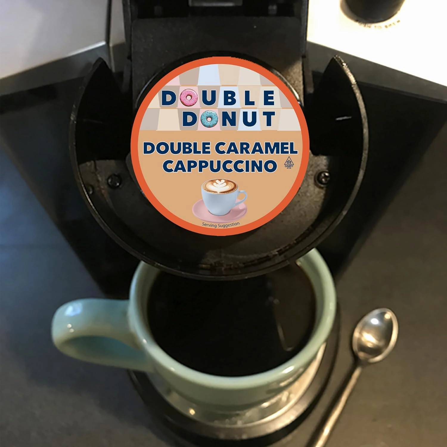 Double Donut Cappuccino Pods, Caramel Cappuccino, Single Serve for Keurig K Cups Brewers, 24 Count