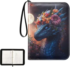 Dragon Colorful Flowers Moon Card Binder 4 Pocket, Trading Card Holder Fits 400 Game Cards with 50 Removable Sleeves, MTG Card Case Standard Size