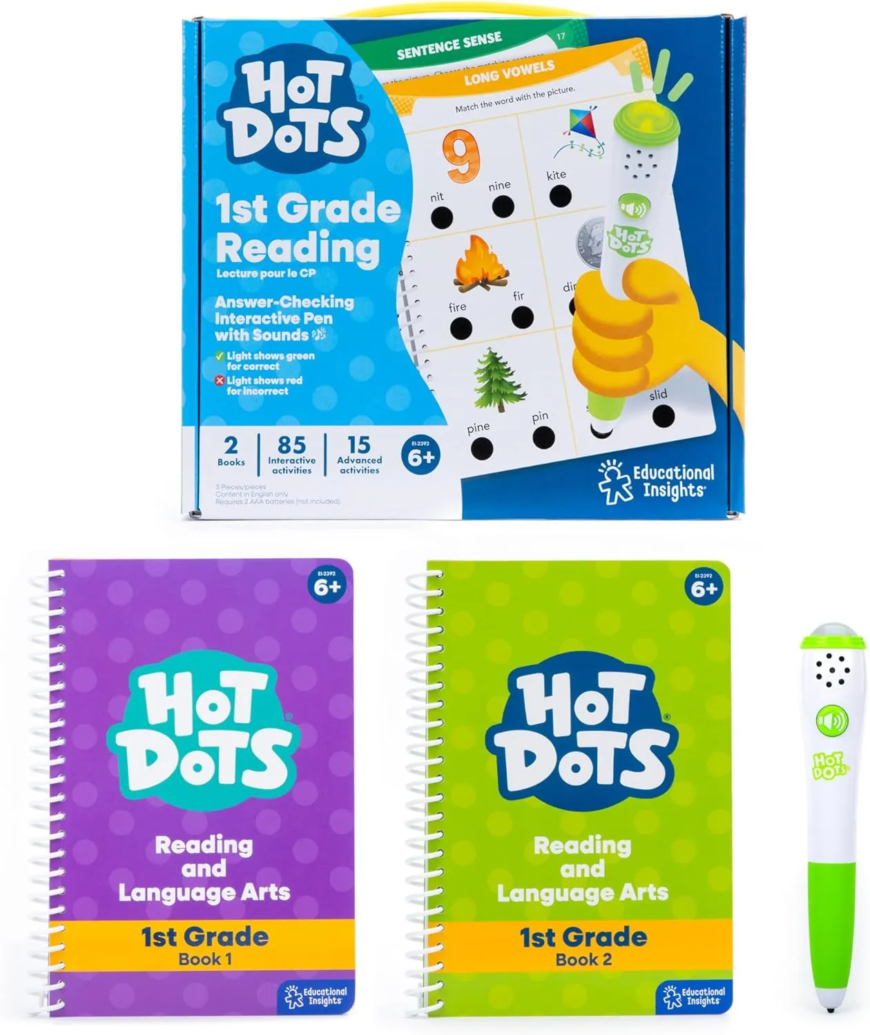 Educational Insights Hot Dots Let's Master 1st Grade Reading Set, Reading Workbooks, 2 Books with 100 Reading Lessons & Interactive Pen, Ages 6  , Multicolor, 9" x 8"