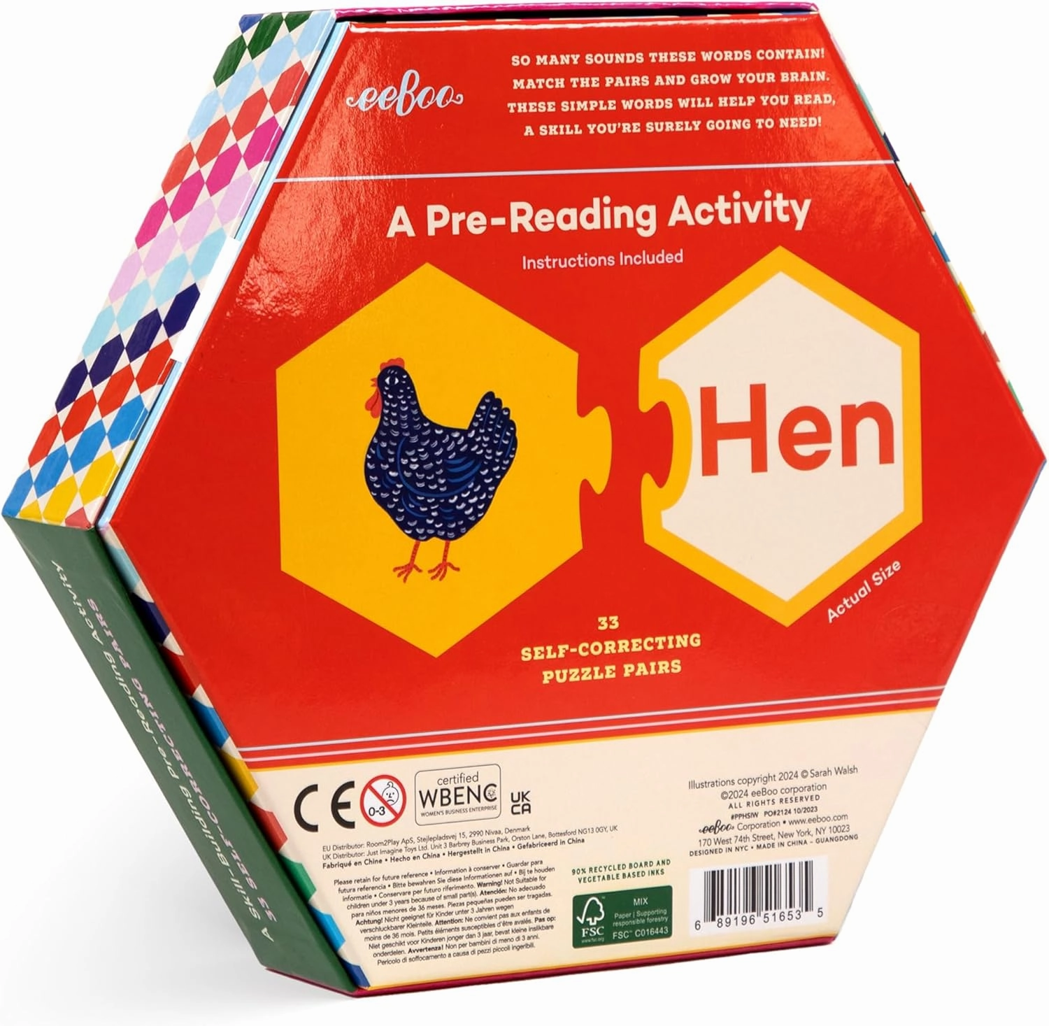 eeBoo: Hexagon Puzzle Pairs - Simple Words - 33 Pairs, Match Pictures to Letters, A Pre-Reading Activity, Educational Preschool Learning, Kids Ages 3 