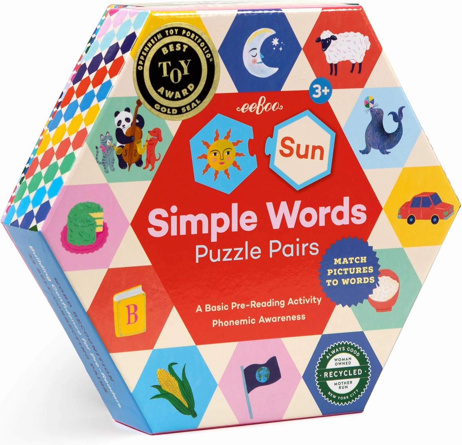 eeBoo: Hexagon Puzzle Pairs - Simple Words - 33 Pairs, Match Pictures to Letters, A Pre-Reading Activity, Educational Preschool Learning, Kids Ages 3 