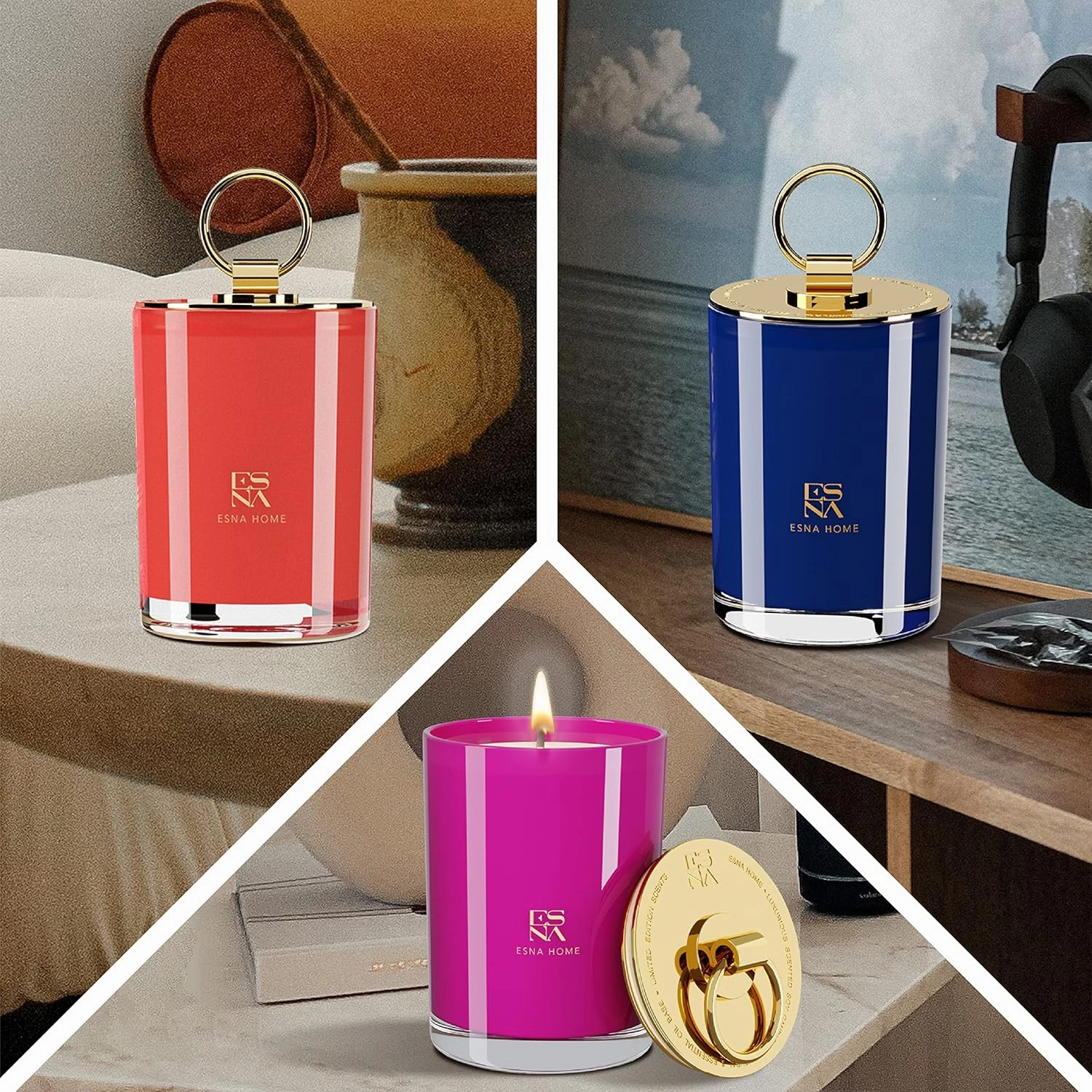 ESNA HOME Luxury Trio Seasonal Gift Set | 3 Full-Size Aromatherapy All Natural Soy Scented Candle | 150h Hours Long Clean Burn |Housewarming Gifts for Women | Packed to Perfection | Home Decor Gifts