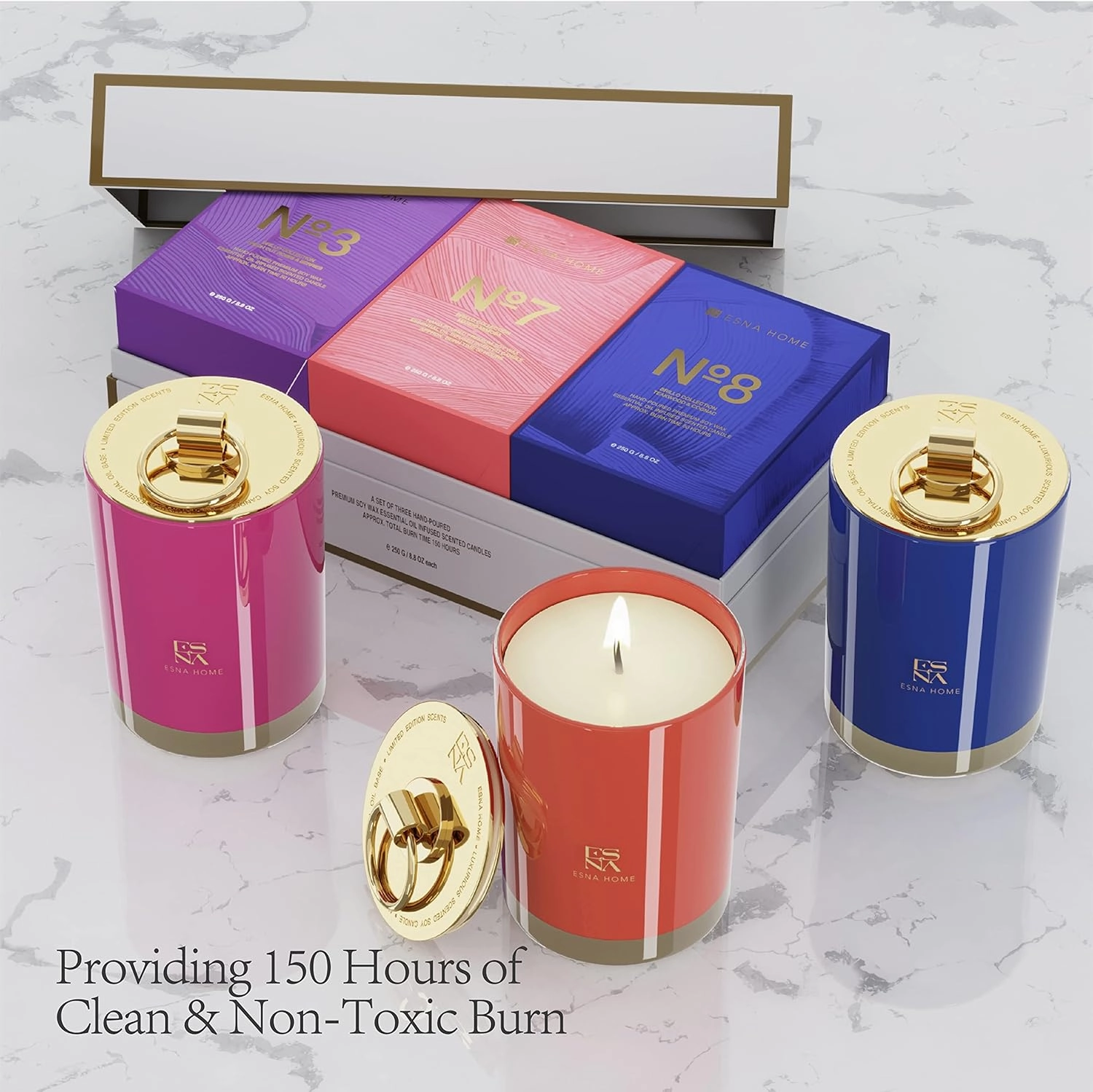 ESNA HOME Luxury Trio Seasonal Gift Set | 3 Full-Size Aromatherapy All Natural Soy Scented Candle | 150h Hours Long Clean Burn |Housewarming Gifts for Women | Packed to Perfection | Home Decor Gifts