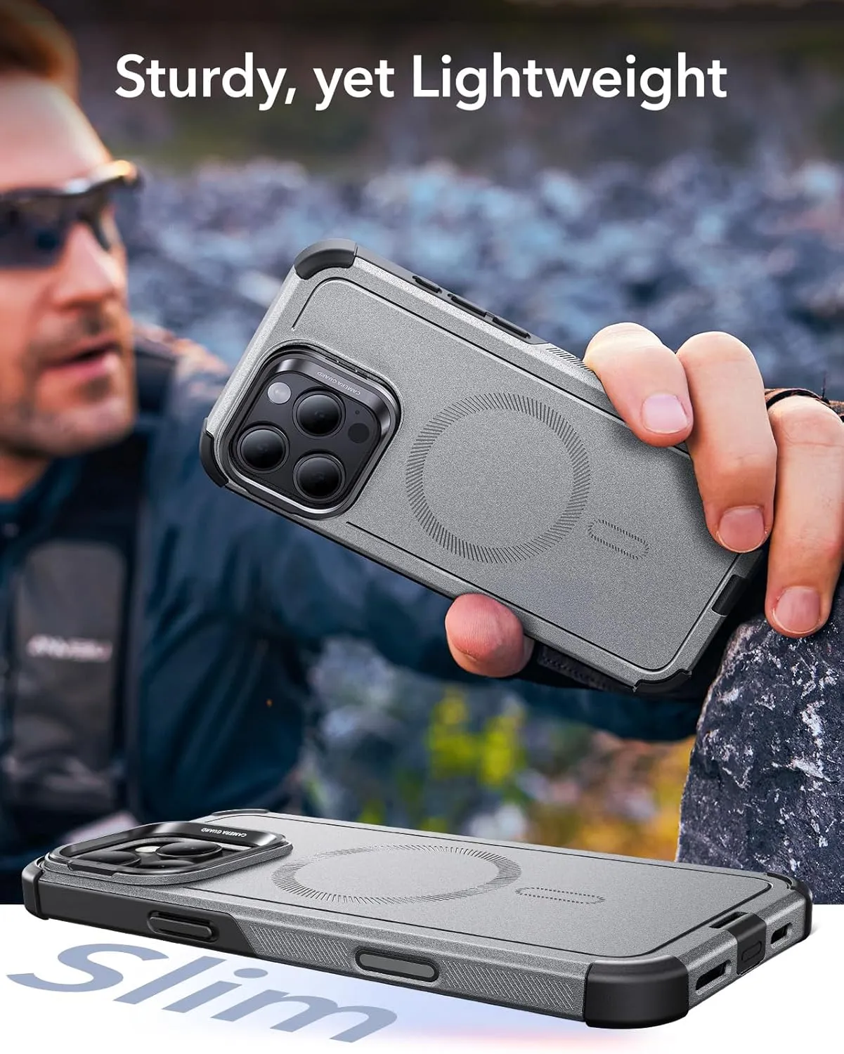 ESR for iPhone 16 Pro Max Case with Stand, 23 ft Military-Grade Drop Protection Heavy Duty Magnetic Phone Case, Compatible with MagSafe Accessories, Cyber Series, Titanium