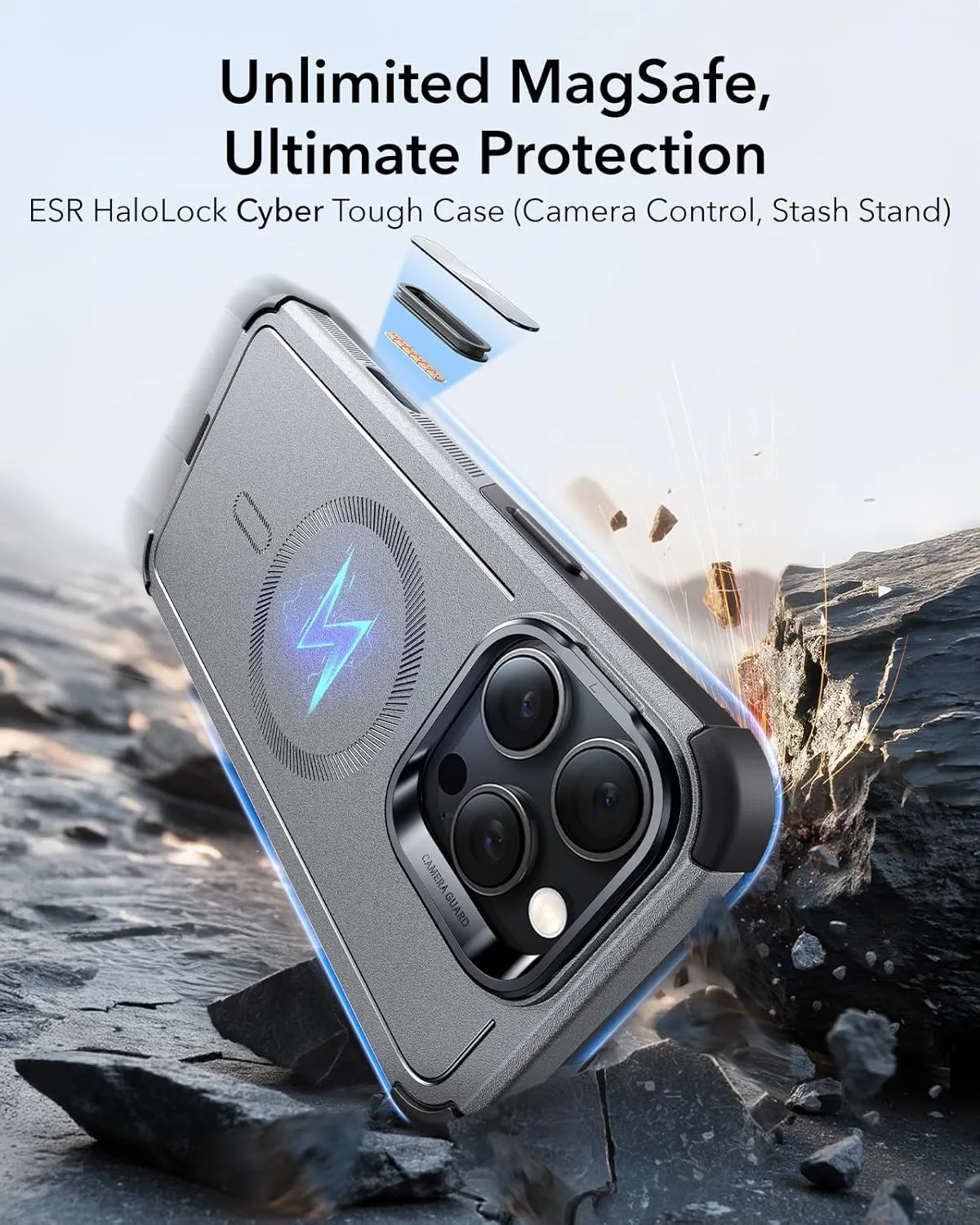 ESR for iPhone 16 Pro Max Case with Stand, 23 ft Military-Grade Drop Protection Heavy Duty Magnetic Phone Case, Compatible with MagSafe Accessories, Cyber Series, Titanium