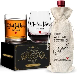 EST 2026 New Godparent Proposal Gifts,Godfather Whiskey Glass Godmother Wine Glass for New God Parent,usable Burlap Wine Bag,Will You Be My Godparents,Godparents Gifts for Baptism-188-a