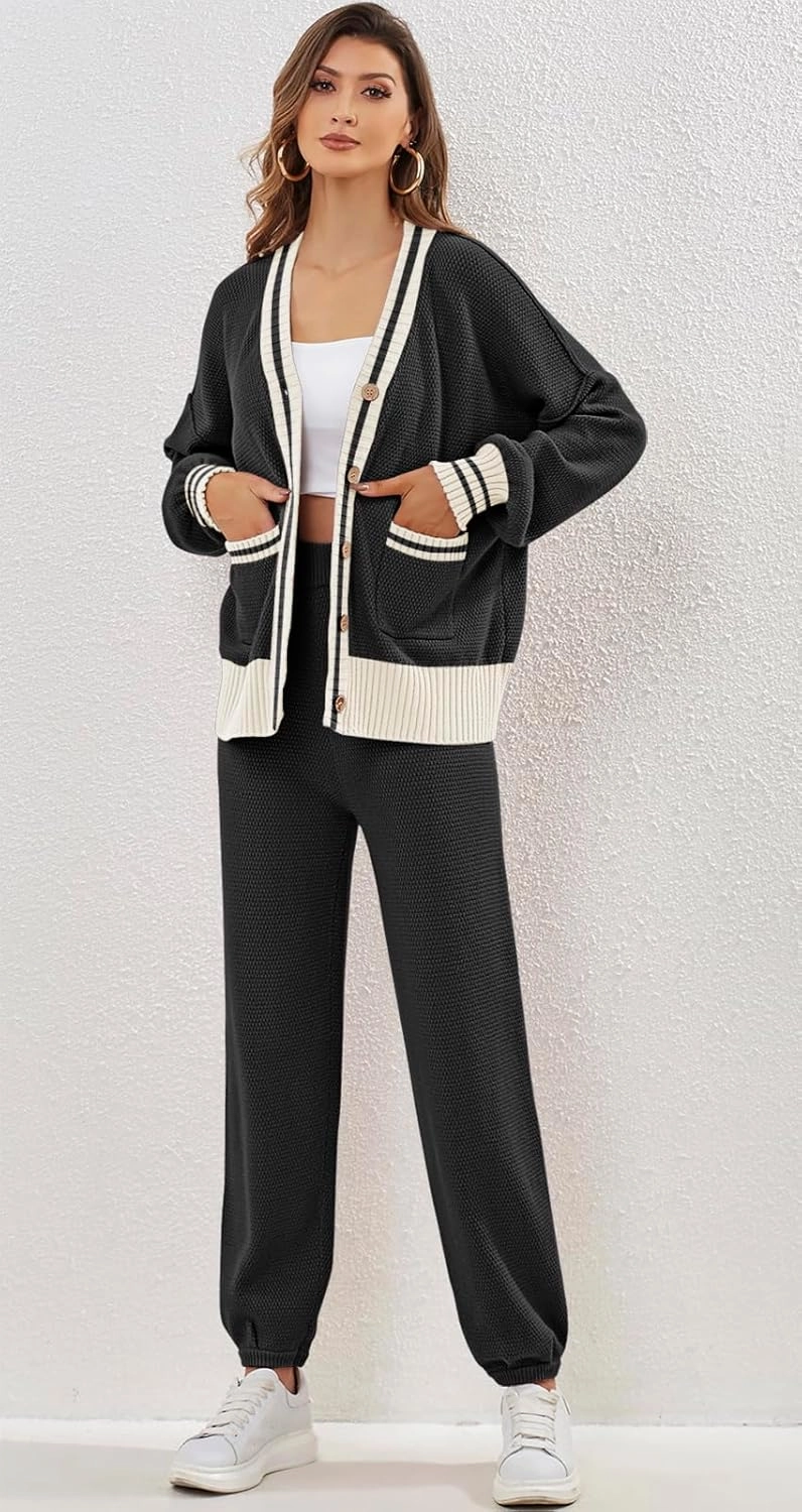 ETCYY NEW Women's 2 Piece Outfit Lounge Set Trendy Cardigan Sweater Pants Sets V Neck Button Pocket Knit Matching Loungewear