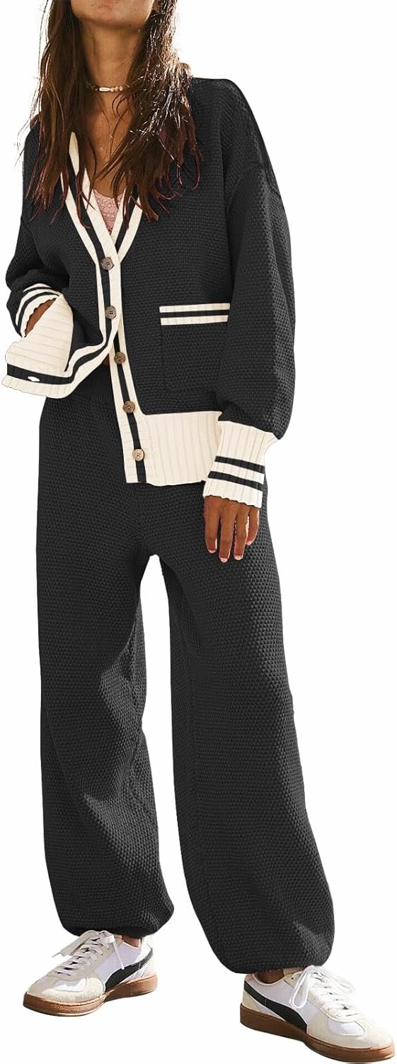 ETCYY NEW Women's 2 Piece Outfit Lounge Set Trendy Cardigan Sweater Pants Sets V Neck Button Pocket Knit Matching Loungewear