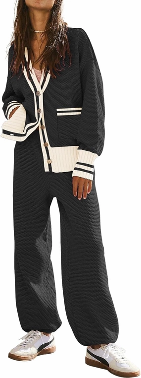 ETCYY NEW Women's 2 Piece Outfit Lounge Set Trendy Cardigan Sweater Pants Sets V Neck Button Pocket Knit Matching Loungewear