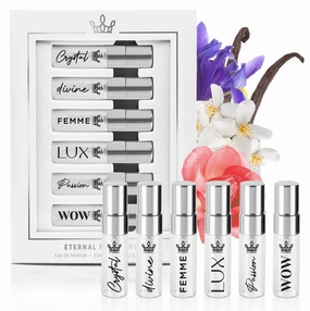Eternal Discovery Set Women's Favorites 6x3ml Sample Sprayers, Long-lasting, Vegan, Clean Ingredients Inspired by Good Girl, Black Opium, Bright Crystal, J'adore, Co.co Mademoiselle, La Vie Est Belle