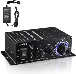 Facmogu AK280 200W 200W Mini 2.0 CH Audio Power Amplifier, 2.0 CH Receiver Speaker Amp with 12V 5A Power Supply, Bass & Treble Control Music Player Sound Amplifier for Car Home Garage