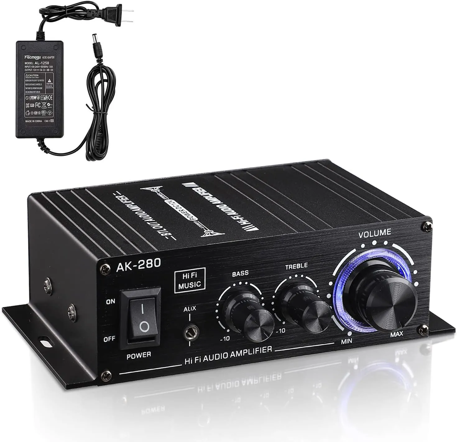 Facmogu AK280 200W 200W Mini 2.0 CH Audio Power Amplifier, 2.0 CH Receiver Speaker Amp with 12V 5A Power Supply, Bass & Treble Control Music Player Sound Amplifier for Car Home Garage