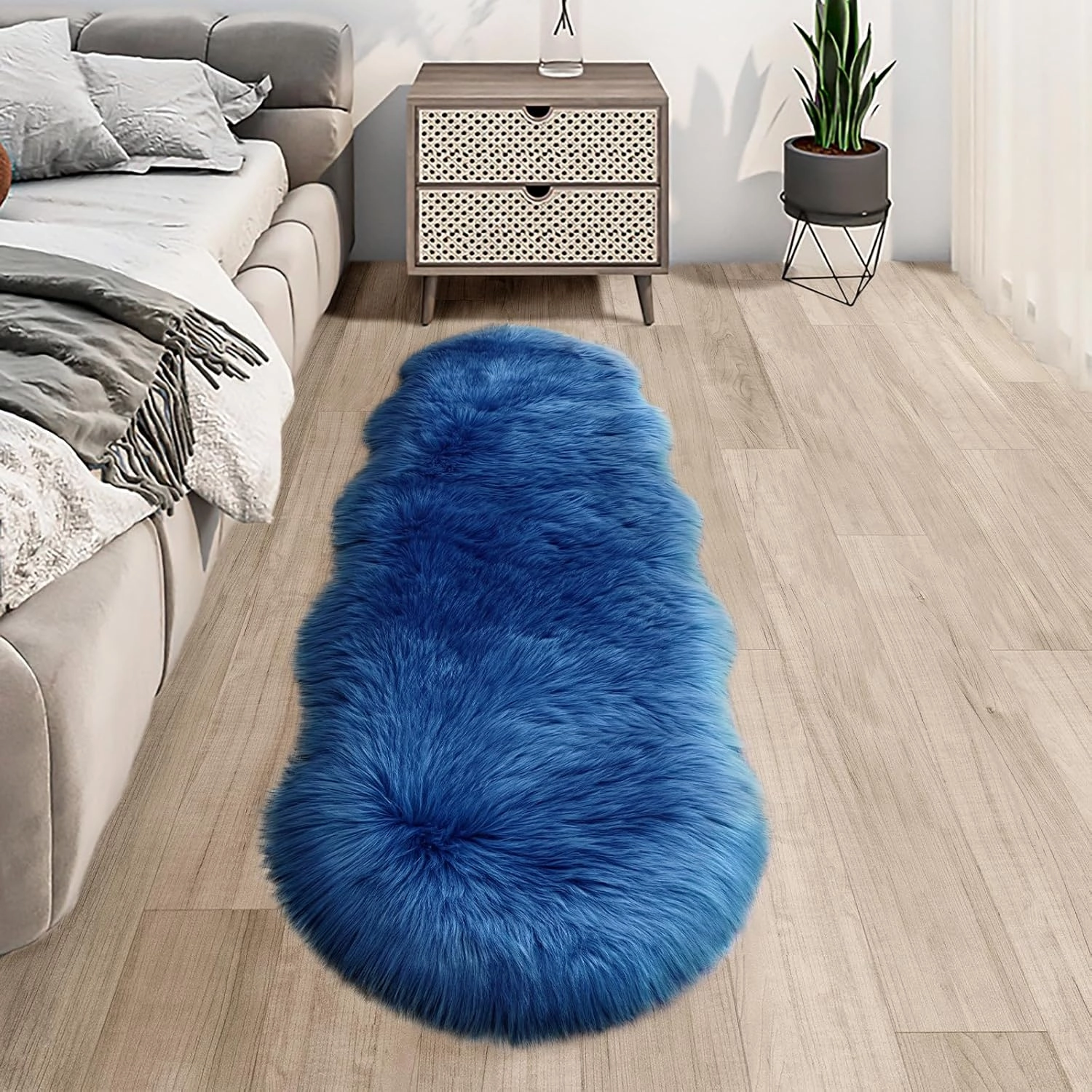 Faux Fur Rug for Bedroom, Fluffy Runner Rugs Soft Sheepskin Rug Sofa Couch Seat Cushion, 2x6ft Dark Blue Plush Area Rug Shag Rugs Floor Carpets for Nursery Bedside, Cute Shaggy Fuzzy Home Decor