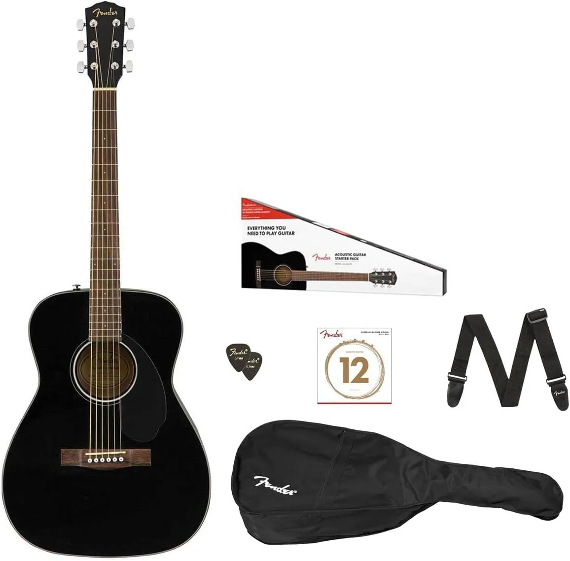 Fender Classic Design CC-60S Beginner Concert Pack with Gig Bag, Strap, Picks, Strings, & Fender Play Subscription - Black (970150406)