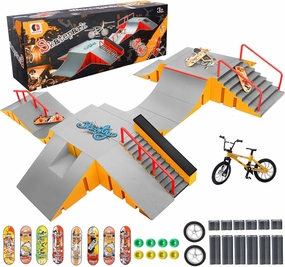 Finger Skateboard Park Kits,14-in-1 Bigger Finger Skateboard Ramp Set with 14 Ramps,8 Fingerboards,1 Finger Bike, Skate Park Kit,Fingerboard Skatepark Half Pipe Toys Gifts for Ages 3 