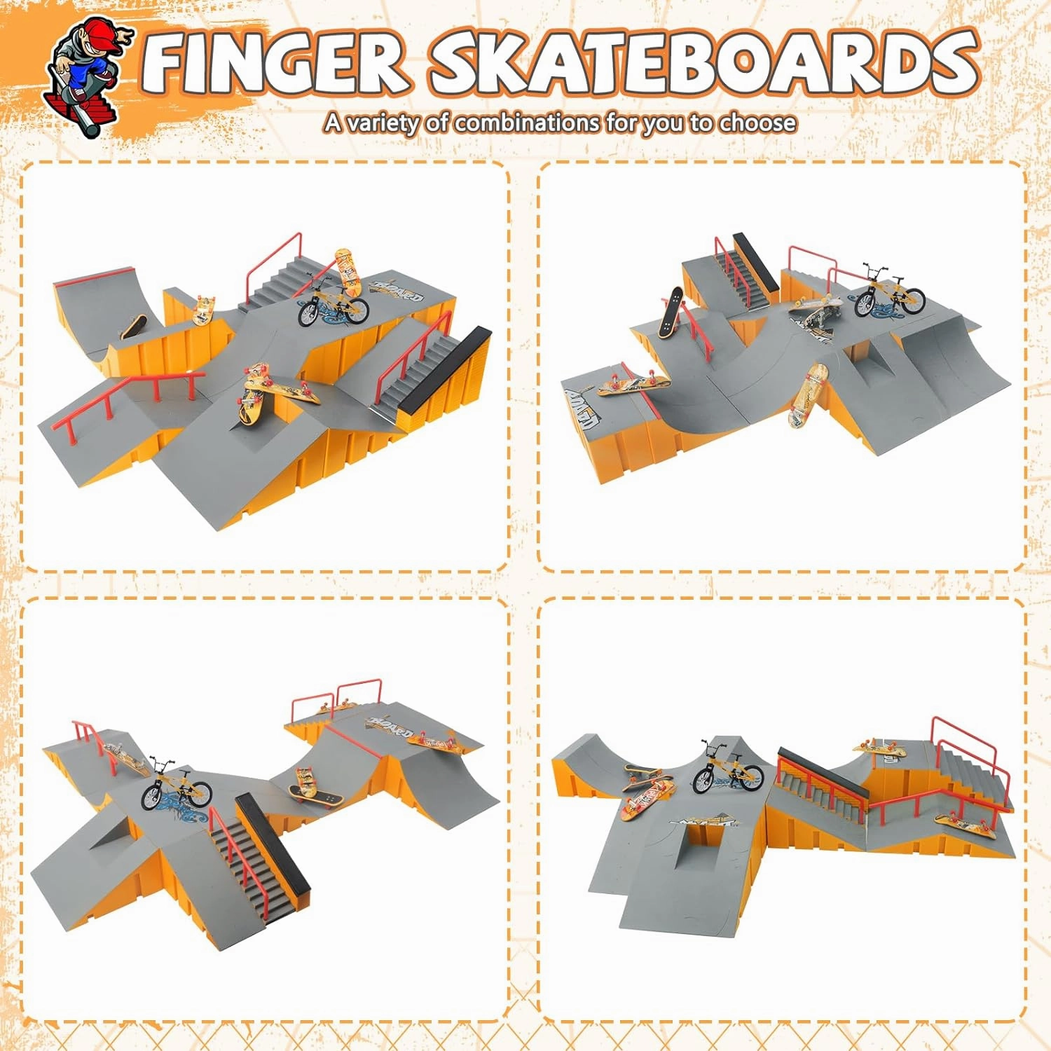 Finger Skateboard Park Kits,14-in-1 Bigger Finger Skateboard Ramp Set with 14 Ramps,8 Fingerboards,1 Finger Bike, Skate Park Kit,Fingerboard Skatepark Half Pipe Toys Gifts for Ages 3 