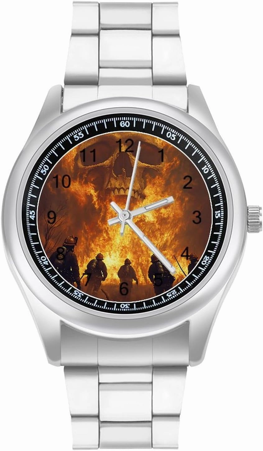 Firefighter Fighting Flames Skull Casual Wrist Watches for Men Classic Business Dress Watch Big Face for Work Gym