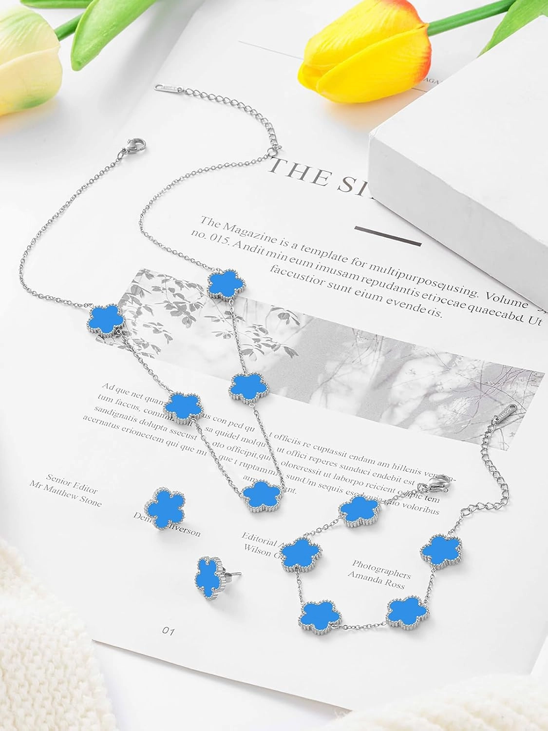 Five Leaf Clover Necklace Bracelet and Stud Set for Women Lucky Flower Gold Plated Jewelry