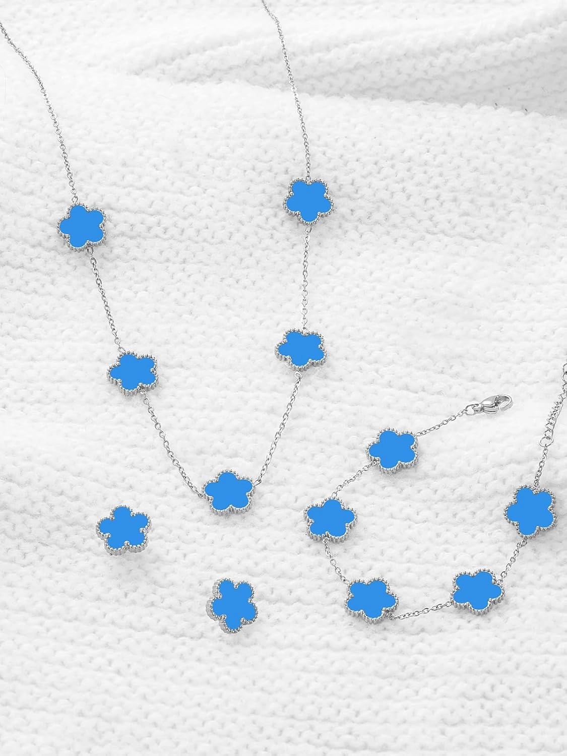 Five Leaf Clover Necklace Bracelet and Stud Set for Women Lucky Flower Gold Plated Jewelry