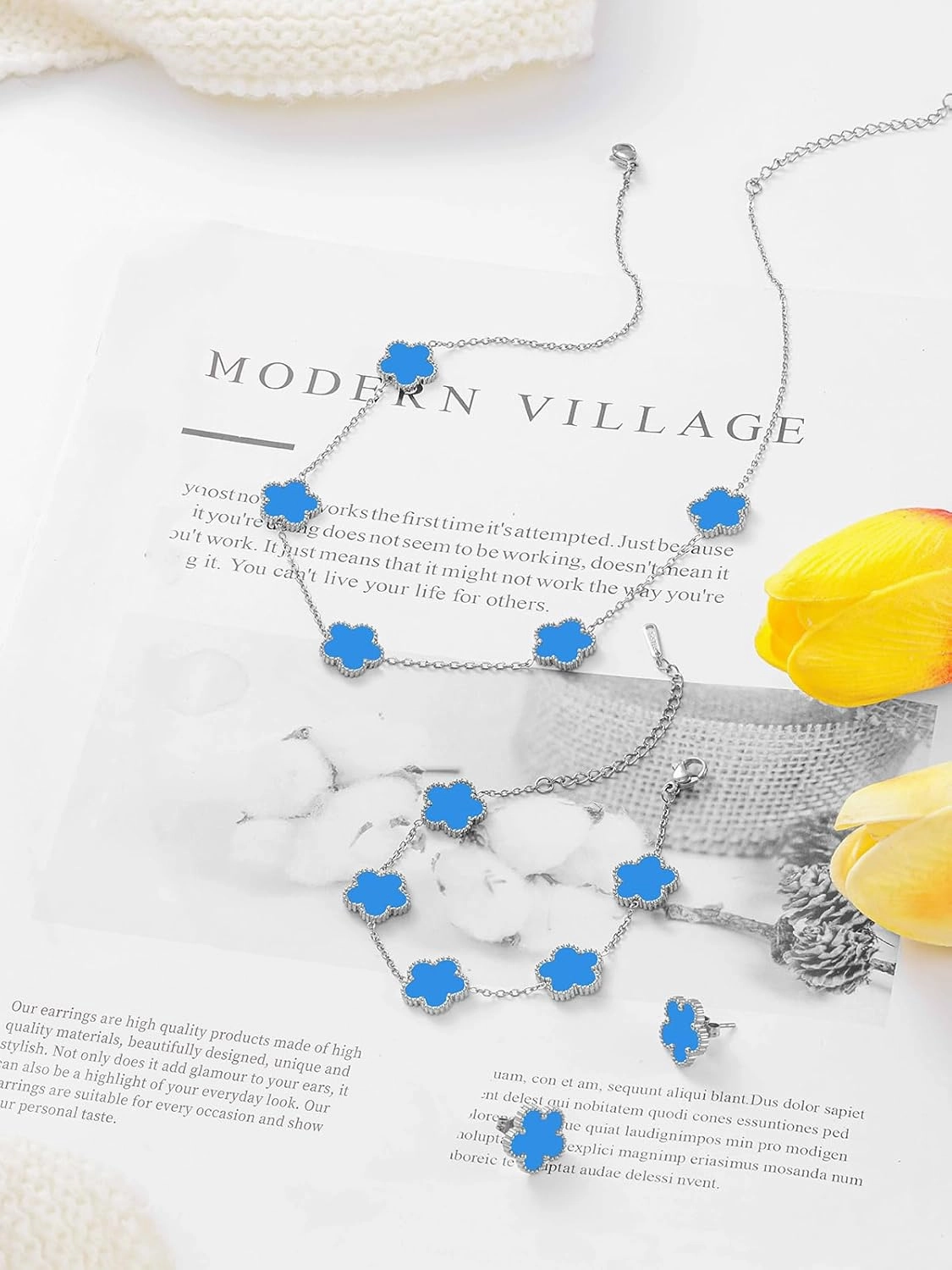 Five Leaf Clover Necklace Bracelet and Stud Set for Women Lucky Flower Gold Plated Jewelry