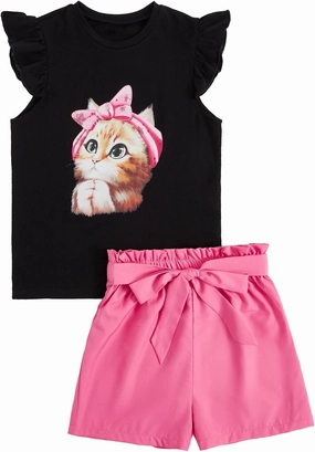 Floerns Girls 2 Piece Outfit Ruffle Trim Tee Top with Paperbag Waist Shorts Set