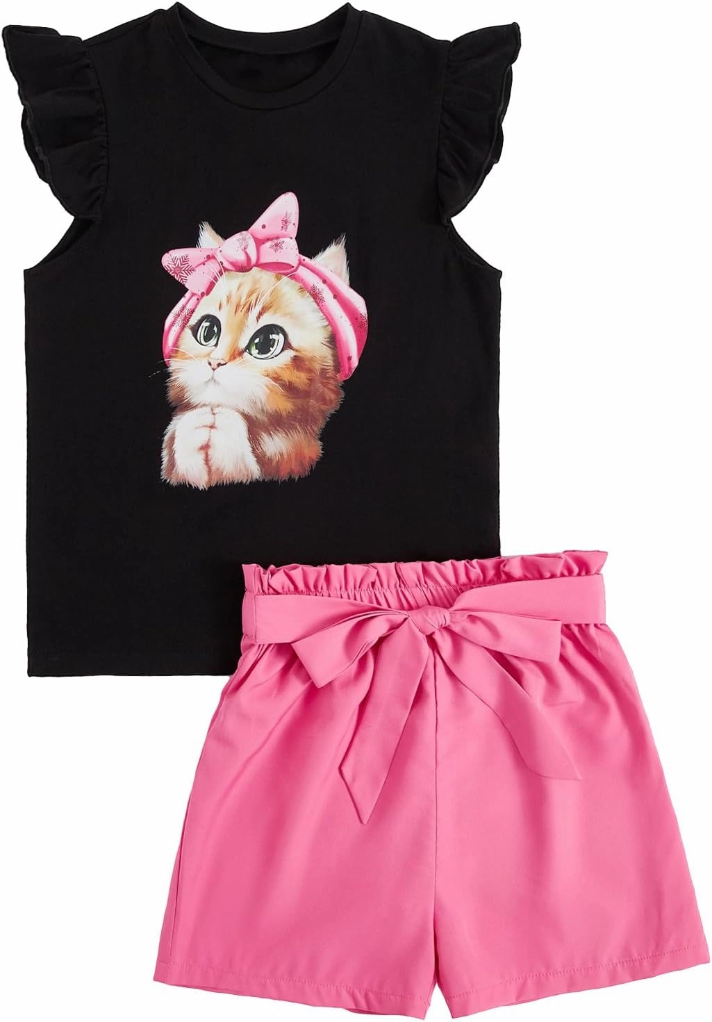 Floerns Girls 2 Piece Outfit Ruffle Trim Tee Top with Paperbag Waist Shorts Set