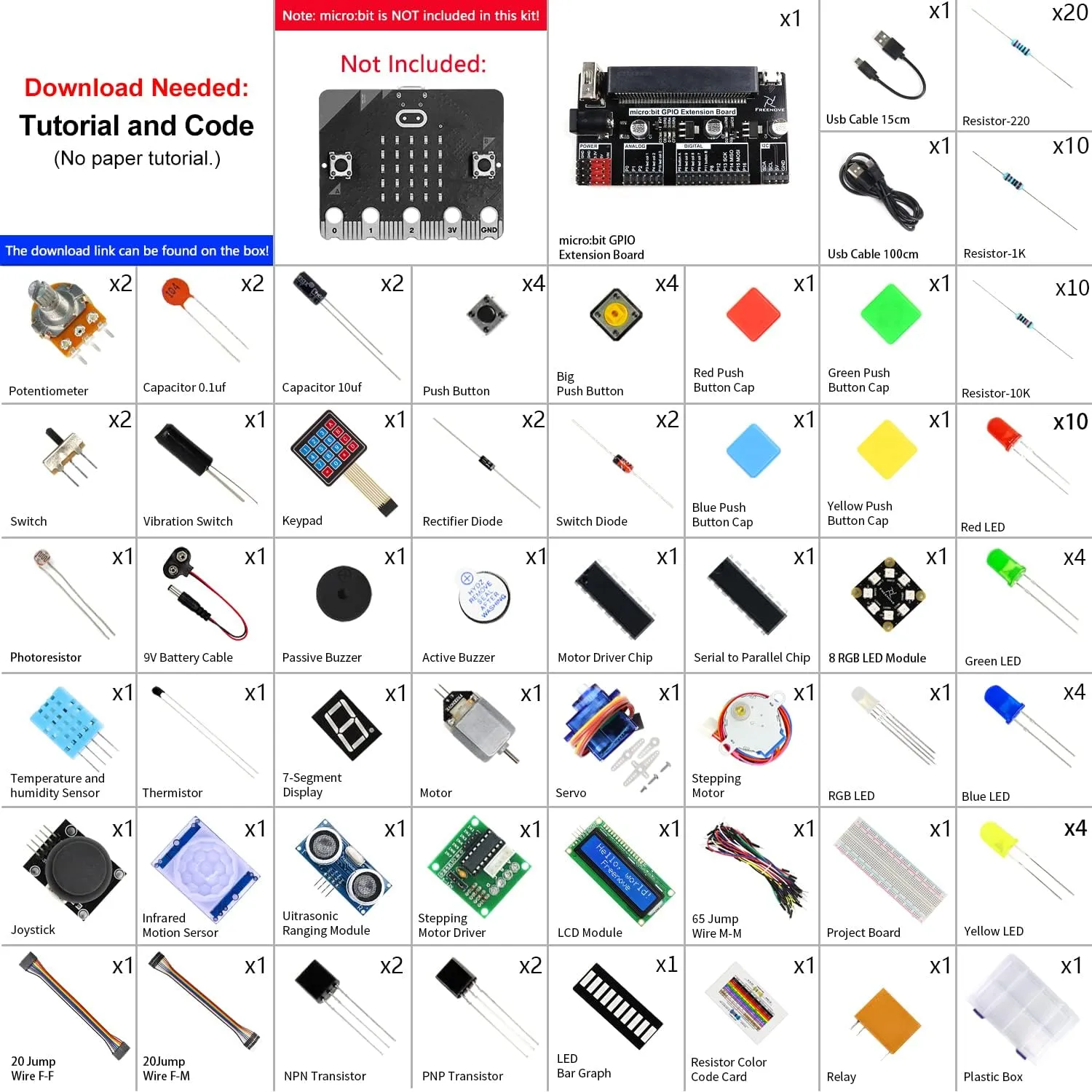 Freenove Ultimate Starter Kit for BBC Micro:bit (Not Included, Works with V1 & V2), 316-Page Detailed Tutorial, 224 Items, 44 Projects, Blocks and Python Code