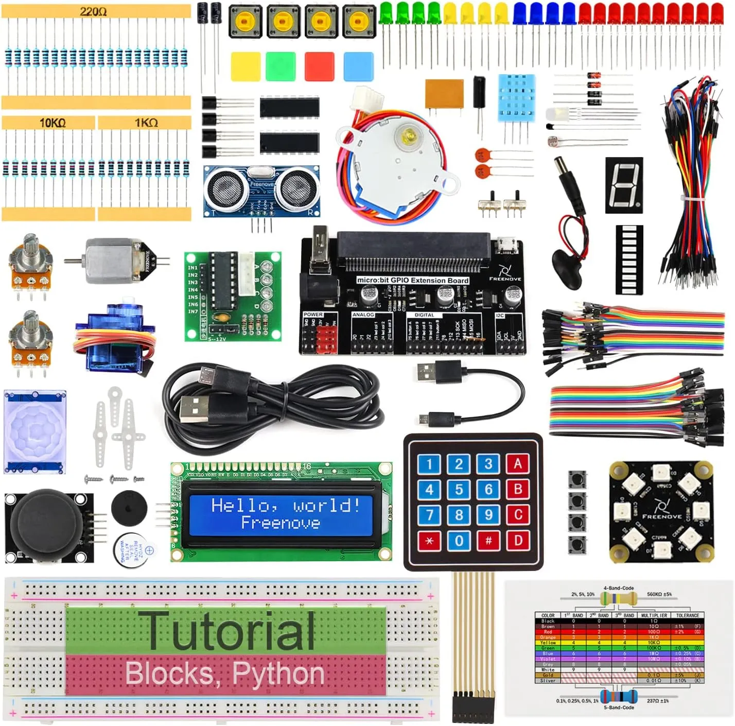 Freenove Ultimate Starter Kit for BBC Micro:bit (Not Included, Works with V1 & V2), 316-Page Detailed Tutorial, 224 Items, 44 Projects, Blocks and Python Code