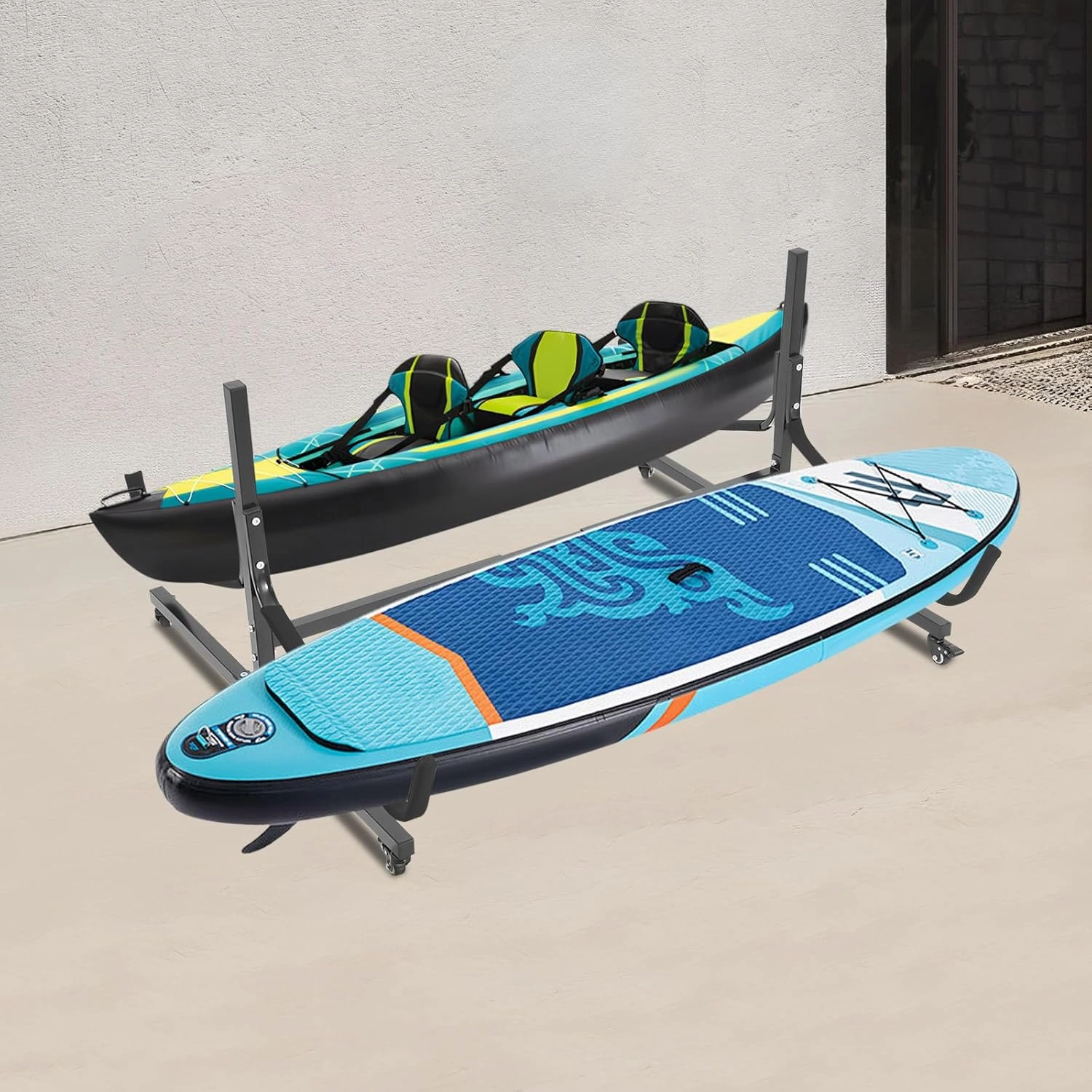 Freestanding Kayak Storage Rack, Length Adjustable Kayak Holder with Lockable Wheels Heavy Duty Kayak Stand for 2 Kayaks Canoes or Wakeboards