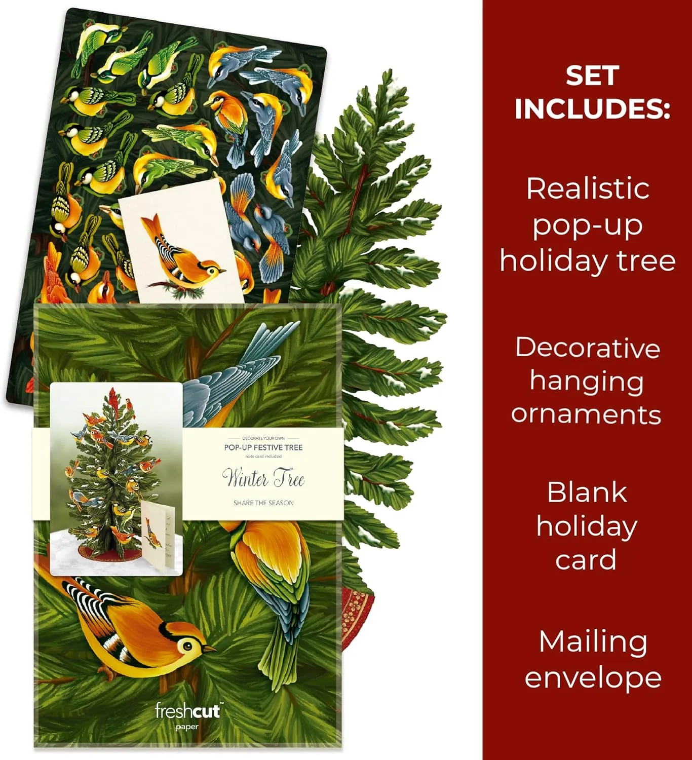 Freshcut Paper Pop Up Cards, 3D Popup Greeting Cards, Birthday Gift Card, Note Card & Envelope, 15" Winter Tree