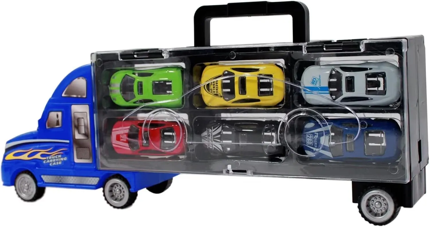 Friction Powered Transport Carrier Truck Toy Car with 6 Die Cast Vehicles Racing Car