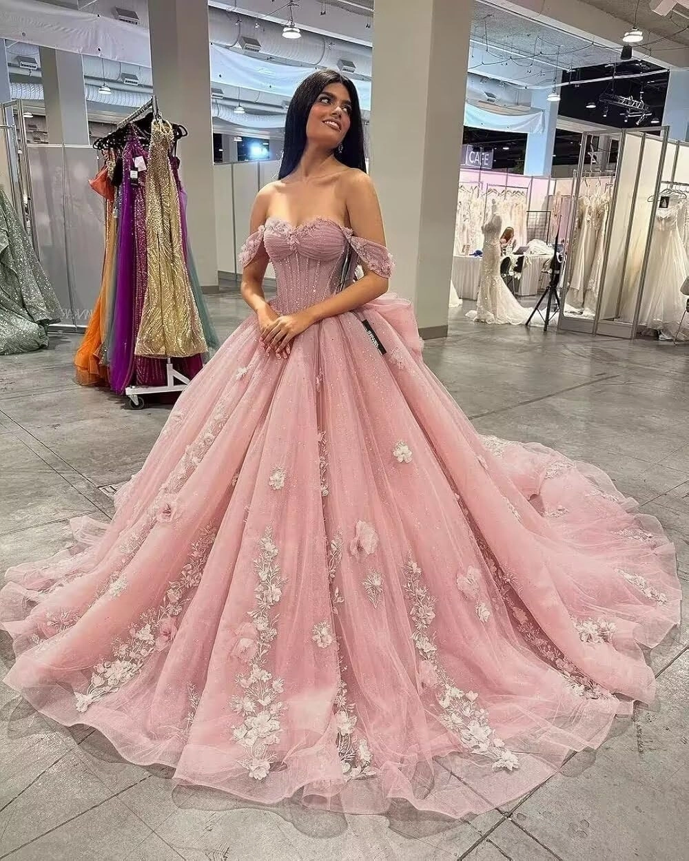 Ftupza 3D Floral Quinceanera Dresses Lace Beaded Party Gowns Off Shoudler Tulle Ball Gown for Sweet 15 16 Dresses